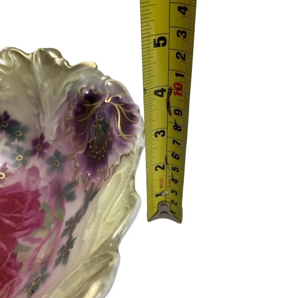Antique‎ 10.5” Bowl A F S P Roses Scalloped Center Bowl Gold Pink Green Purple